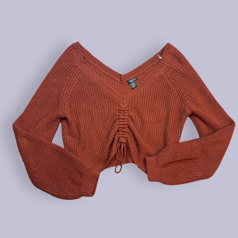 Women’s Orange Rue 21 retro V-neck crop top scrunched tie long sleeve sweater